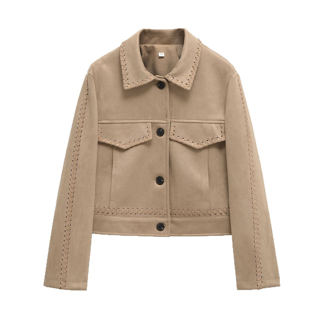 Dam kort jacka gjord faux mocka med dekorativ seam lacing