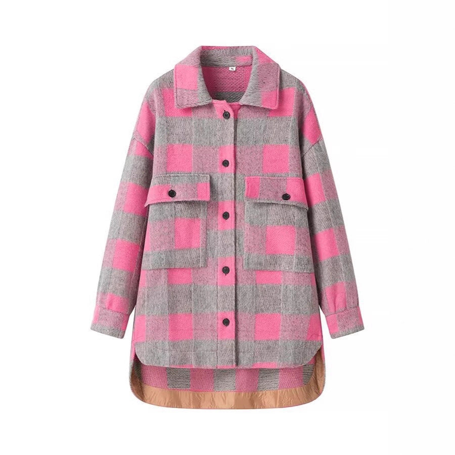 Dam Oversized Rutig Skjorta Jacka med Applied Lockfickor och Extended Fåll
