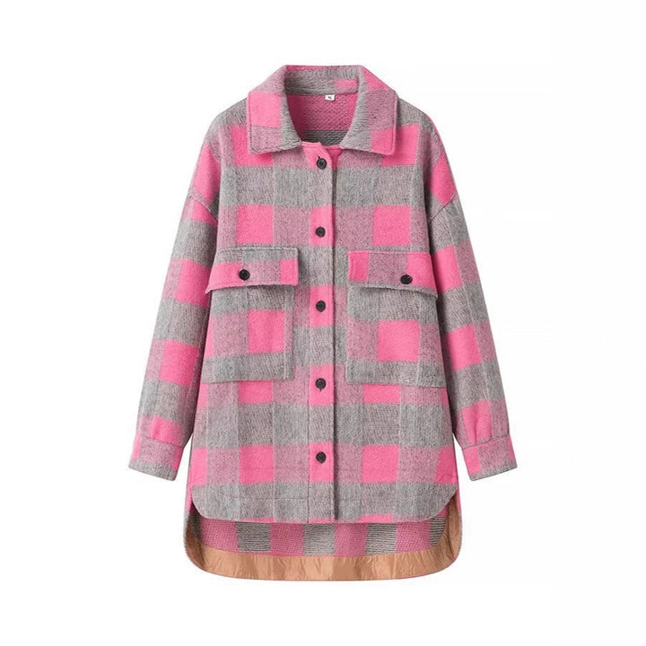 Dam Oversized Rutig Skjorta Jacka med Applied Lockfickor och Extended Fåll