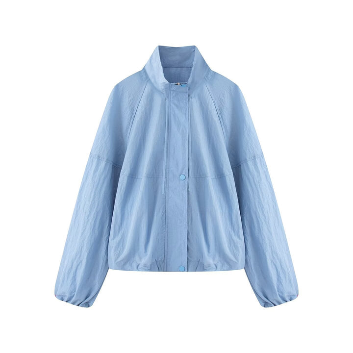 Dam Lätt Oversize Blouson Jacka Tillverkad av Nylon med Stå Krage, Drawstring och Tryckknapp Knapp Stängning