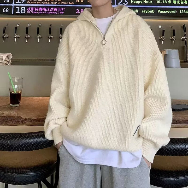 Herr Chunky Stickad Pullover med Huva och Dragkedja
