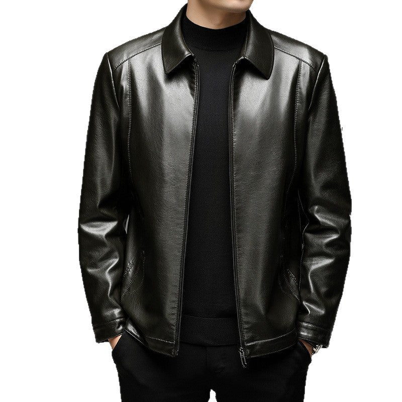 Herr Slät Konstläder Zip Jacka i Skjorta Krage Stil med Minimalistisk Söm Design