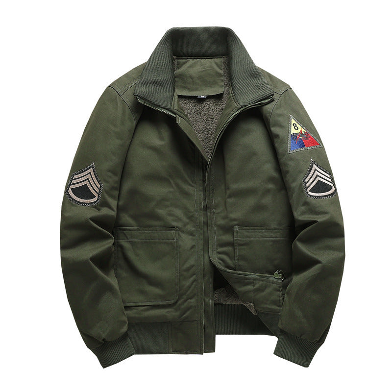 Herr Flight Jacka med Sherpa Foder, Embroidered Patch Detaljer, och Ribbad Fåll