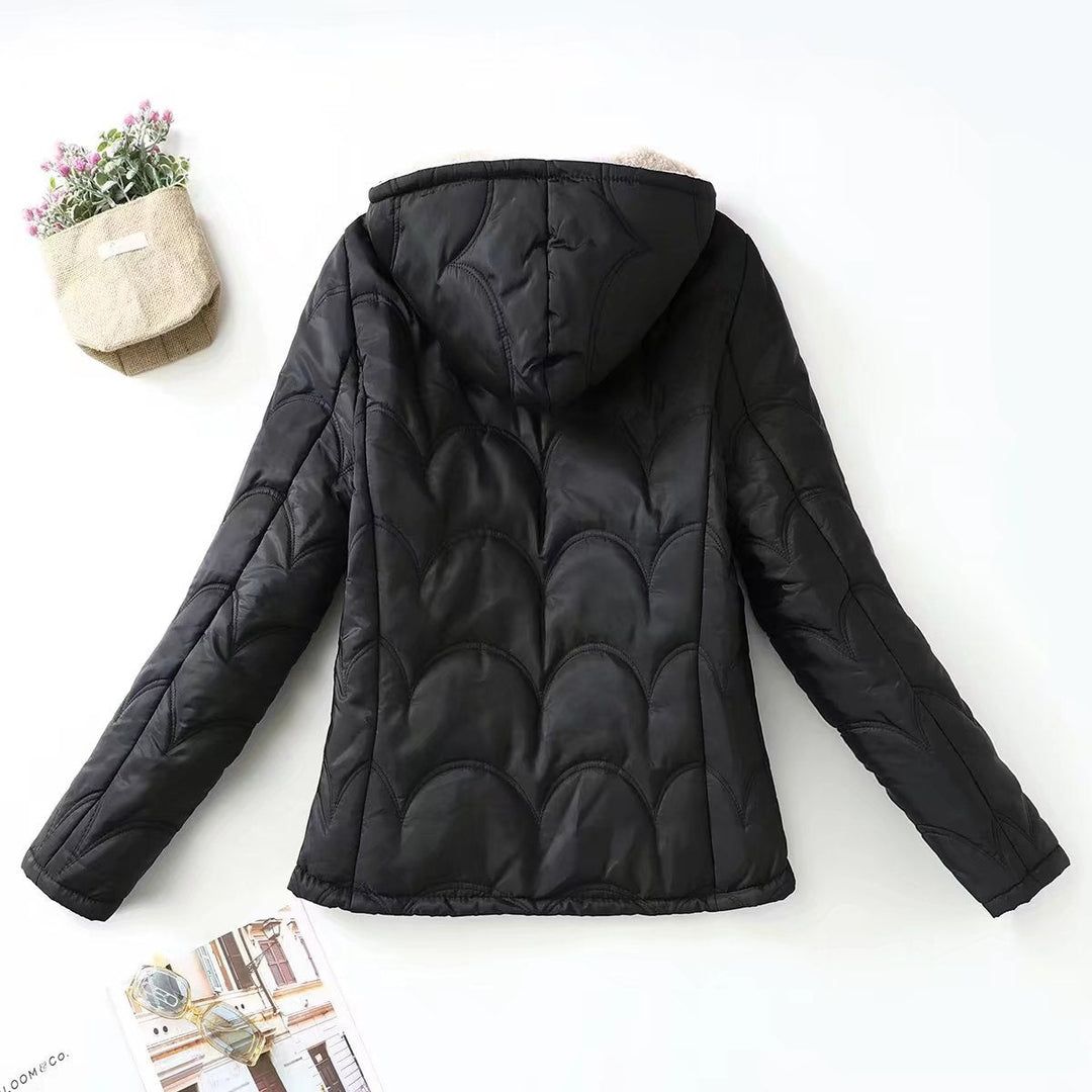 Dam quiltad Hooded jacka med mysig Teddy foder och sidofickor