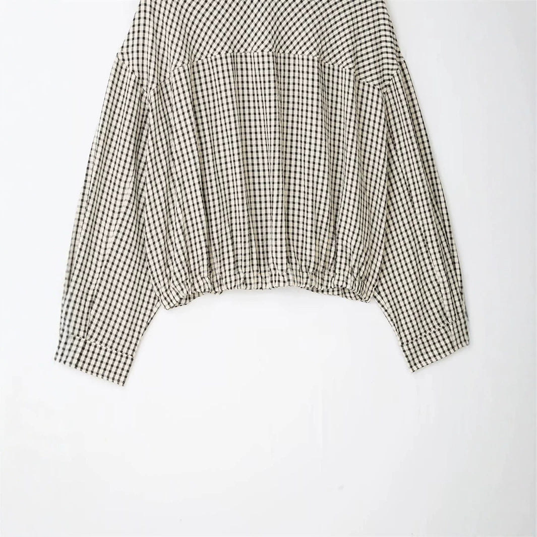 Dam kort cropped rutig blousonjacka med ståkrage, elastisk fåll och hidden dragkedja