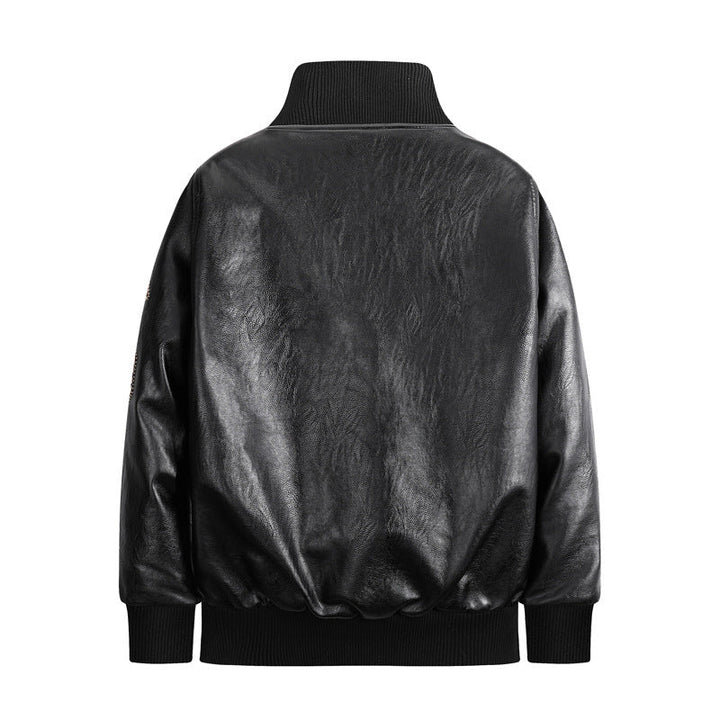 Herr Heritage Läder Blouson i Läder Look med Militär Patch Detaljer och Ribbad Krage