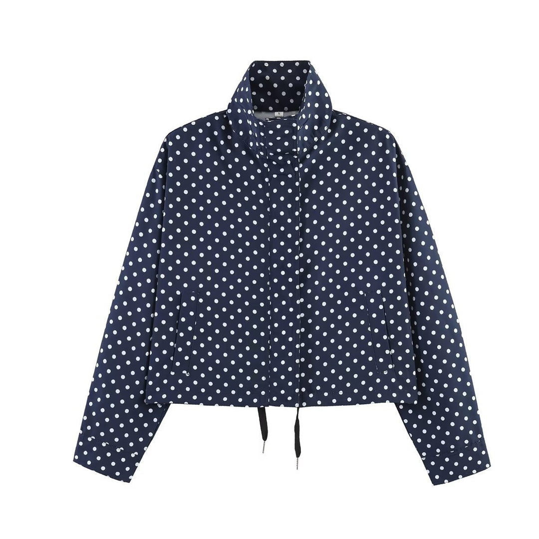 Dam Dotted Kort Jacka med Stå Krage, Dold Front Knäppning och Drawstring