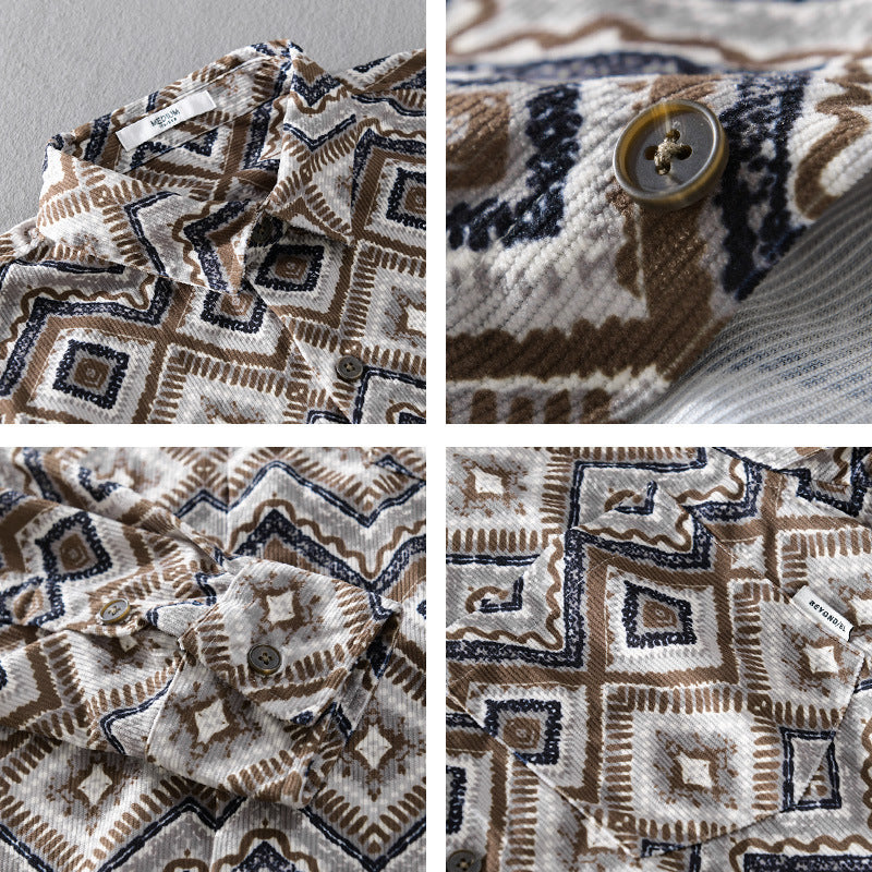 Herr Patterned Overshirt i Avslappnad Passform med Geometrisk Diamant Tryck och Bröstficka