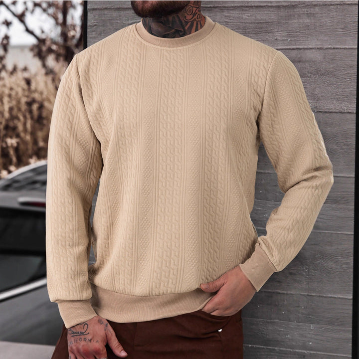 Herr Textured Round Neck College-Tröja med Fin Waffle Structure och Ribbstickade Muddar