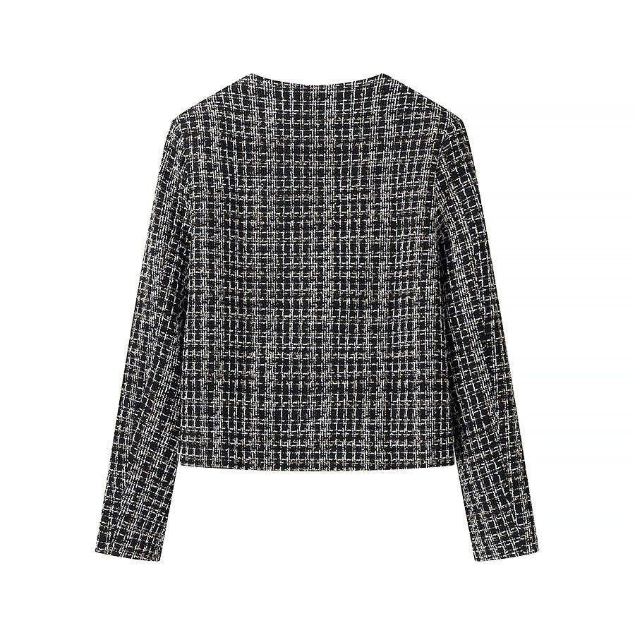 Dam Boucle tweed jacka med Round Neckline, Gold dekorativ knappar och utanpåfickor