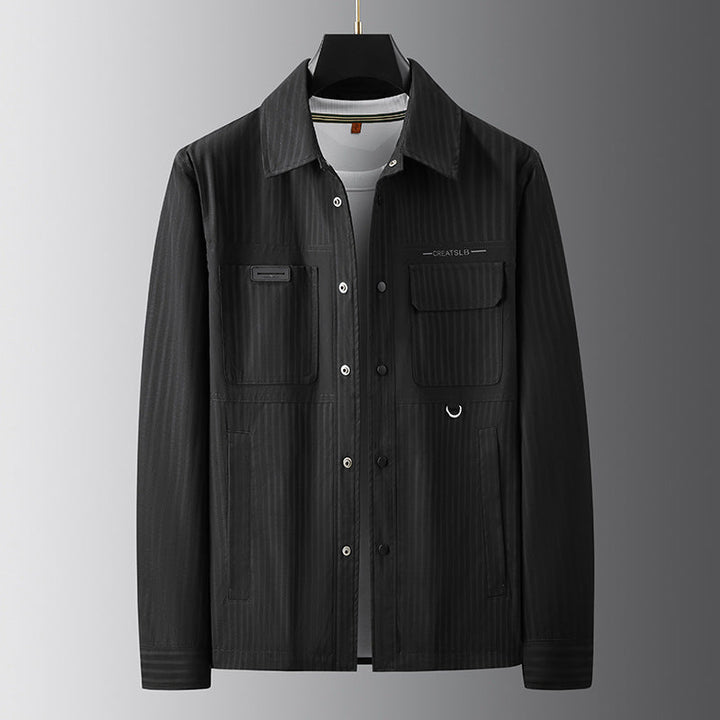 Herr Utility Övergångs Jacka i Överskjorta Stil med Utanpåfickor och Pinstripe Texture