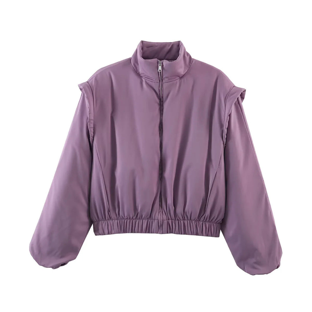 Dam cropped quiltad jacka med stand krage, voluminous balloon ärmar, och figure-hugging elastic waistband