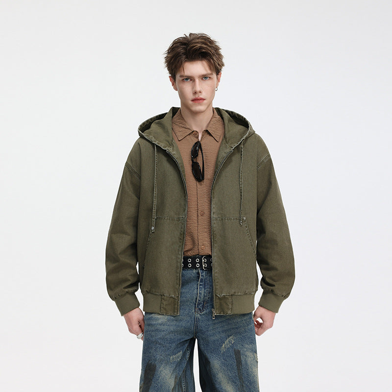 Herr Oversized Luvtröja Jacka Gjord av Washed Canvas med Dragkedja och Utility Fickor