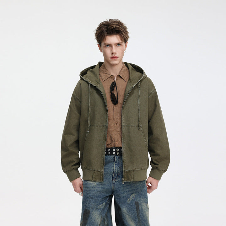 Herr Oversized Luvtröja Jacka Gjord av Washed Canvas med Dragkedja och Utility Fickor