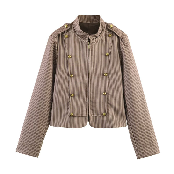 Dam Kort Skärning Military Inspired Jacka med Stå Krage och Double Dekorativ Knapp Row