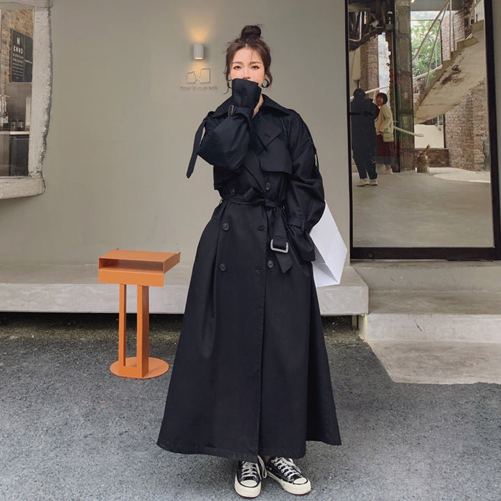 Dam lång Double-Breasted trenchcoat med midjebälte, Storm Flap, och bred oversized skärning