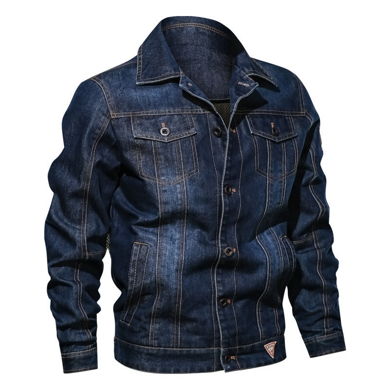 Herr Robust Denim Trucker Jacka i Vintage Tvättad Look med Kontrast Stitching