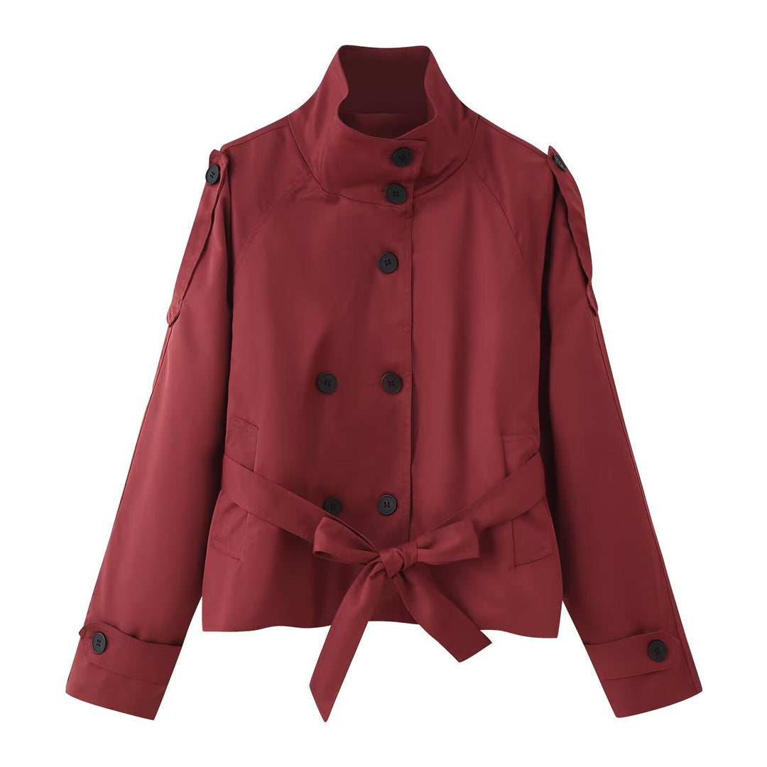 Dam 400+ Kort Fitted Trench Jacka med Stå Krage, Double-Breasted Knapp Knäppning och Belt
