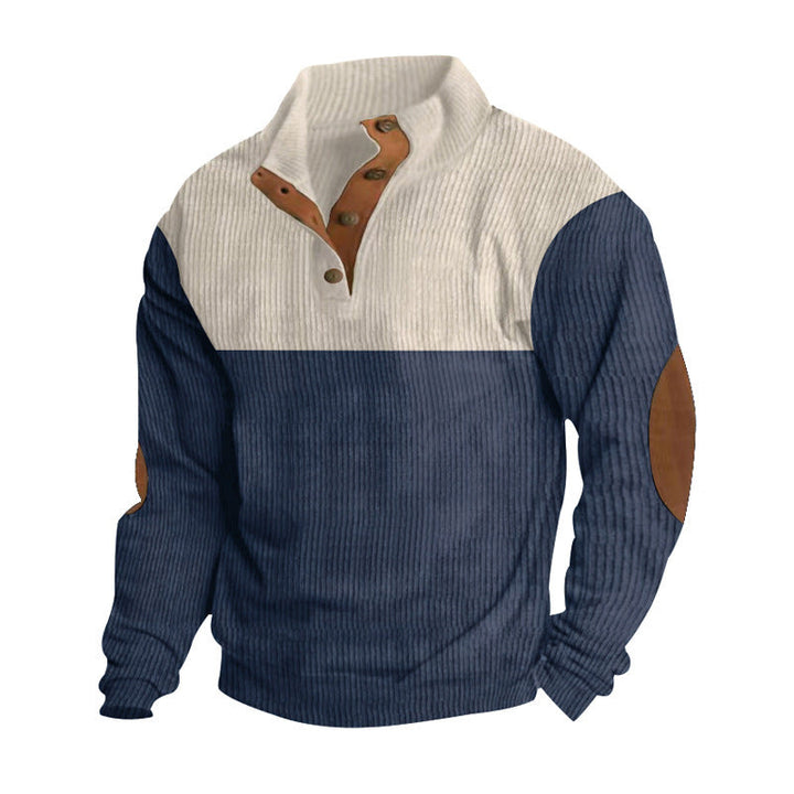 Herr Ribbad Henley Stickad Pullover med Ståkrage Contrast Yoke och Elbow Lappar