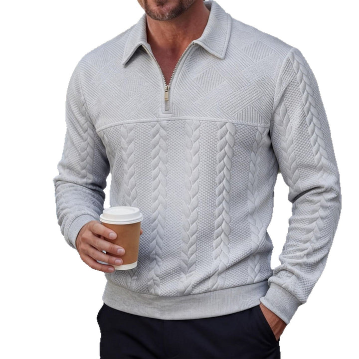 Herr Strukturerad Halv Dragkedja Pullover med Turtleneck, Cable Mönster och Finely Ribbstickade Muddar
