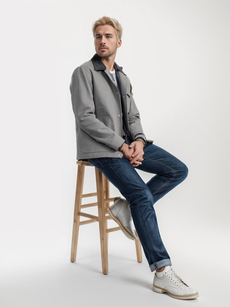 Herr robust canvas chore jacka med cord krage och applicerade utanpåfickor