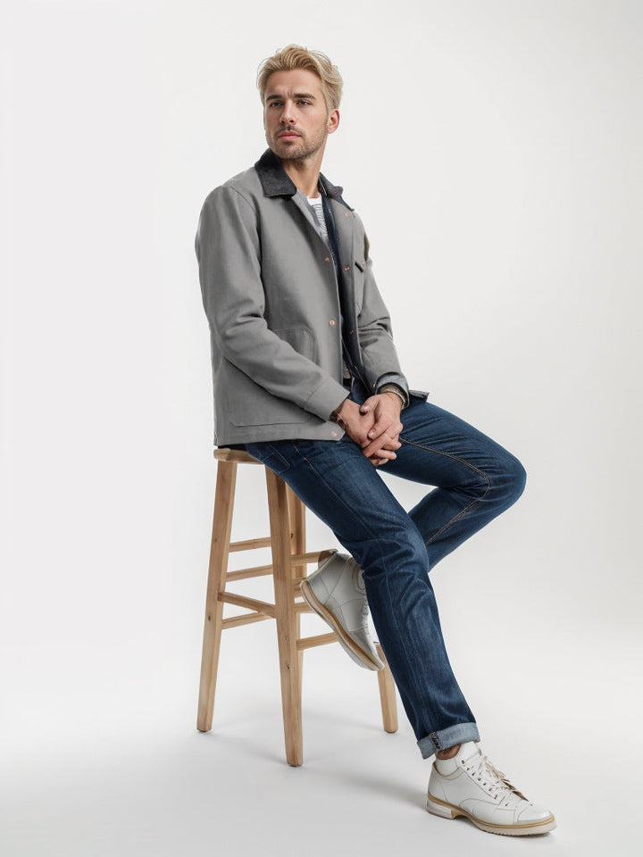 Herr robust canvas chore jacka med cord krage och applicerade utanpåfickor