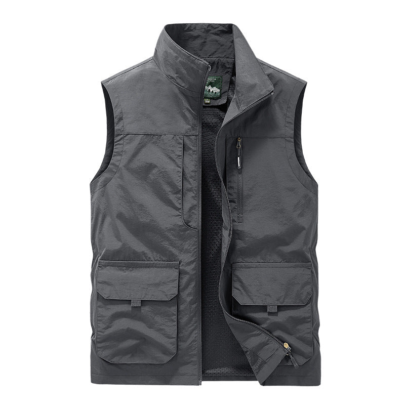 Herr Utility Väst med Multifunctional Fickor, Andningsbar Mesh Foder, och Stående Krage