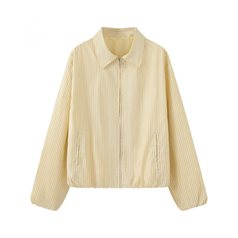 Dam Lätt Randig Kort Jacka i Blouson Stil med Skjort Krage och Elastic Nederkant
