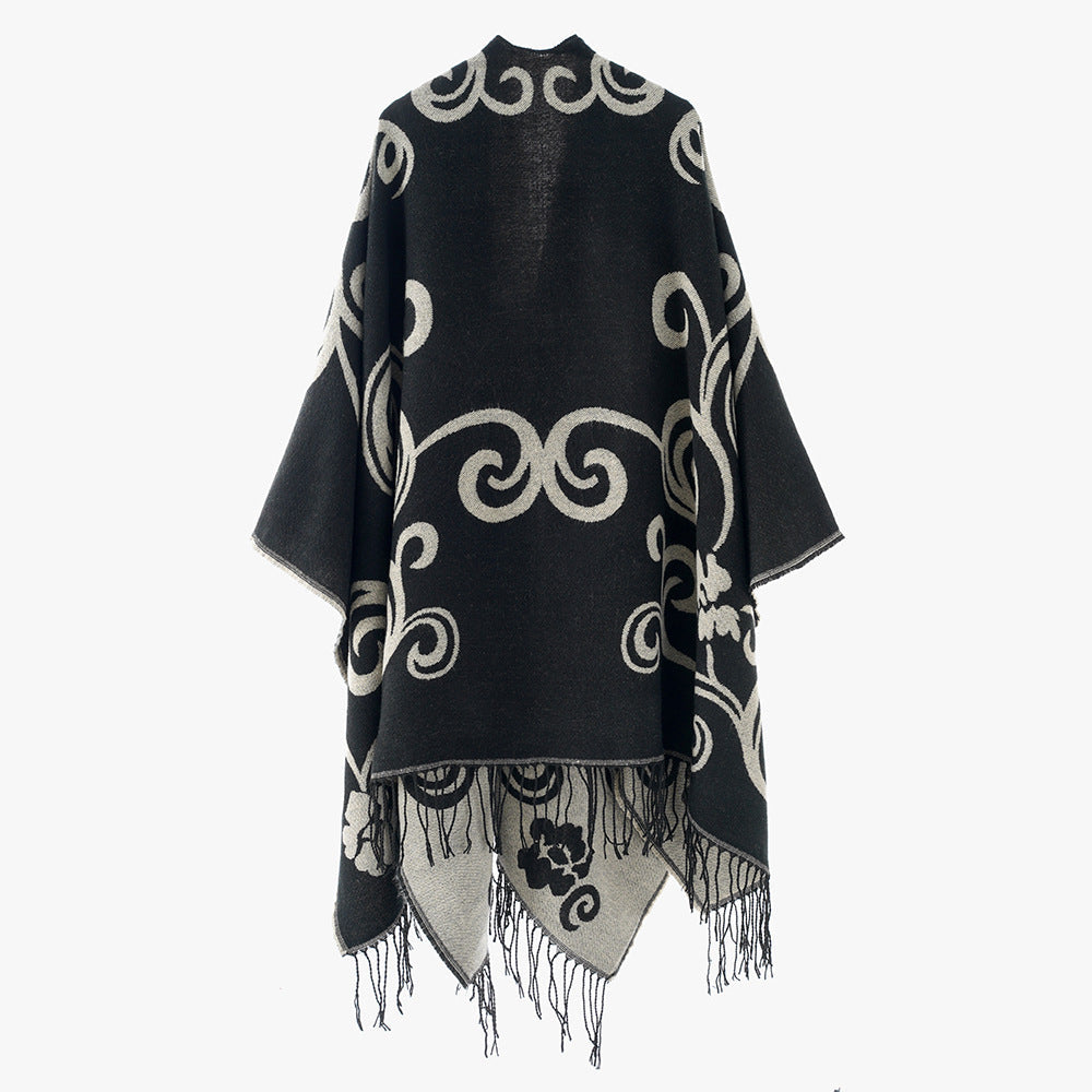 Dam jacquard poncho-stil overlay med reversible function och fringed fåll