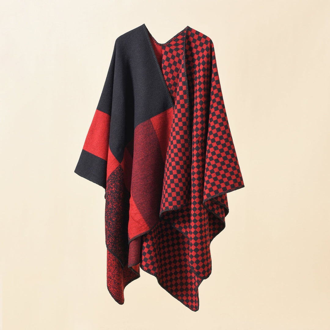 Dam Reversible rutig mönster capeponcho tillverkad av ullblandning med Boxy oversized passform