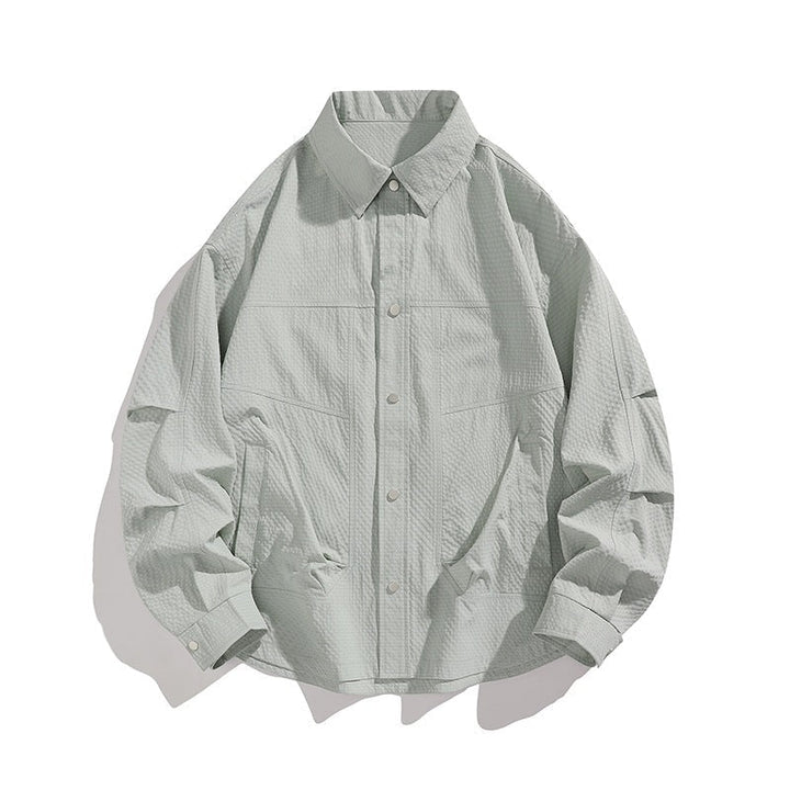 Herr Lätt Oversized Skjortjacka med Tryckknapp Knapp Slå, Strukturerad Tyg &amp; Utanpåfickor