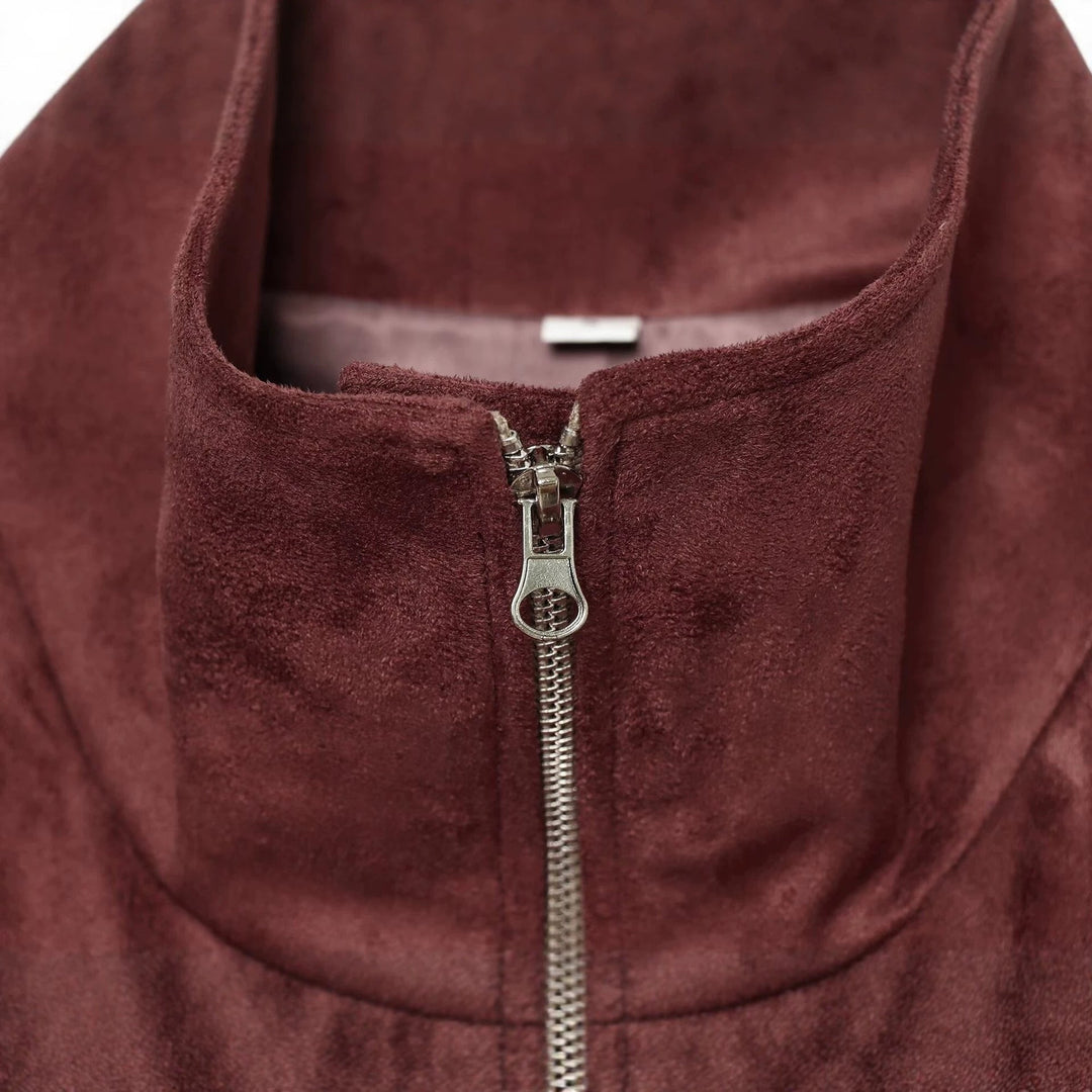 Dam Kort Suede Look Bomberjacka med Stå Krage och Elastic Nederkant
