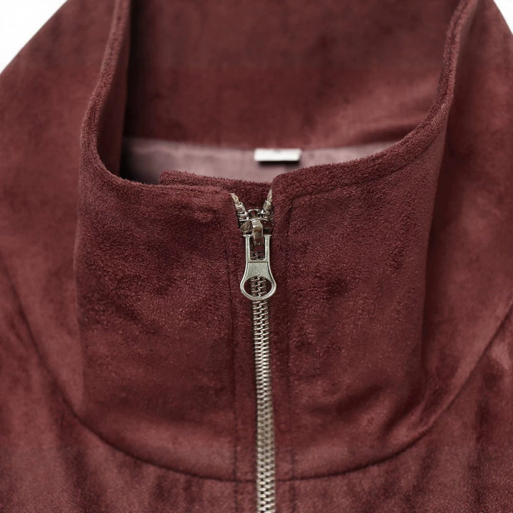 Dam Kort Suede Look Bomberjacka med Stå Krage och Elastic Nederkant