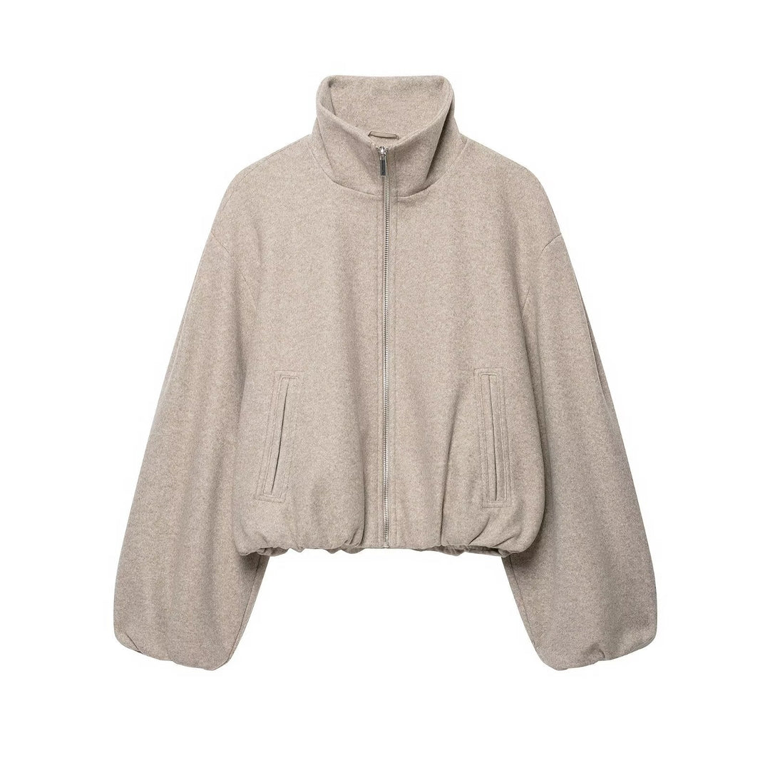 Dam Oversize Kort Blouson med Stå Krage, Dragkedja och Elastic Nederkant