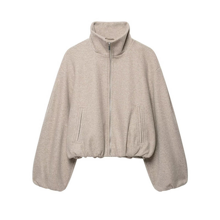 Dam Oversize Kort Blouson med Stå Krage, Dragkedja och Elastic Nederkant