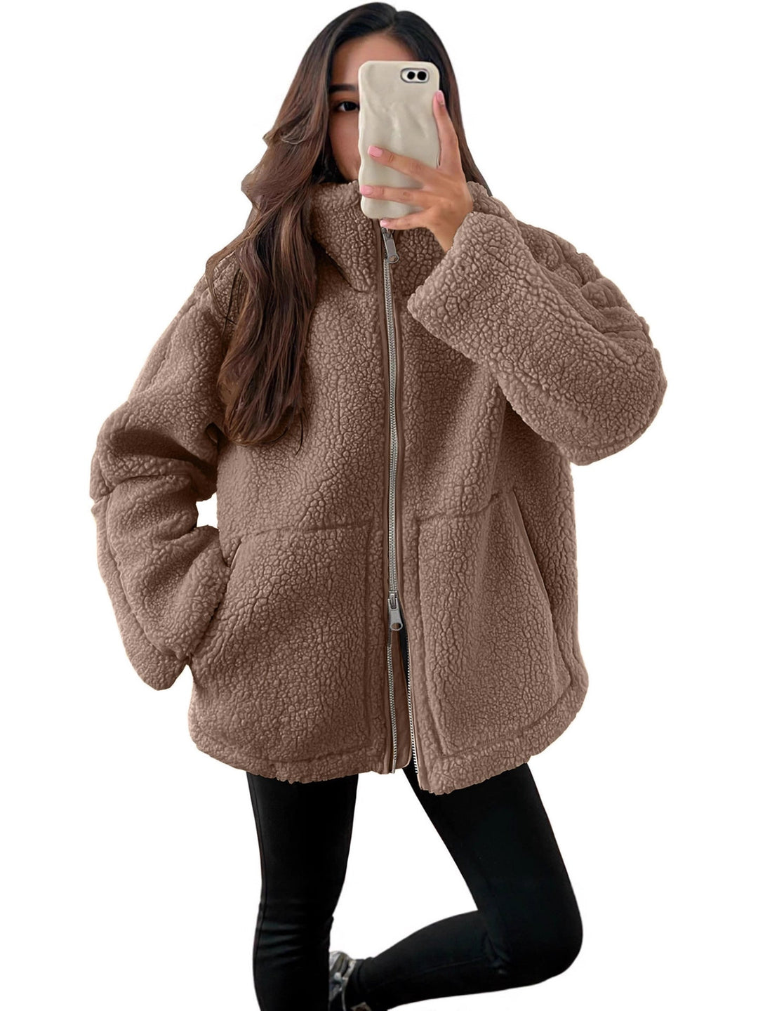 Dam oversized teddy fleecejacka med ståkrage och full-length dragkedja