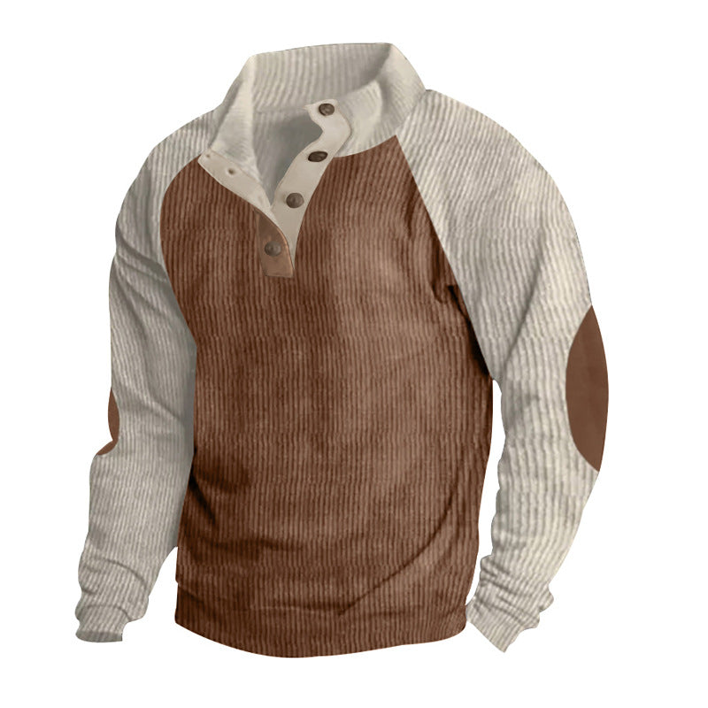 Herr Termisk Cord Pullover med Knapplist, Ståkrage, Raglanärmar, och Elbow Lappar