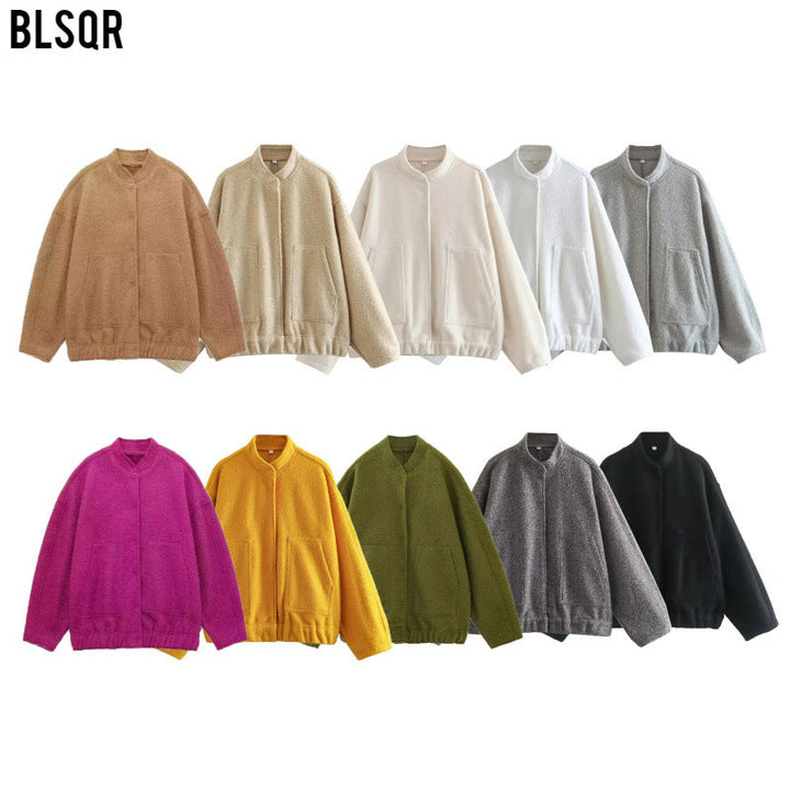 Dam Oversize Fleecejacka med Stå Krage, Patch Front Fickor, och Elastic Nederkant