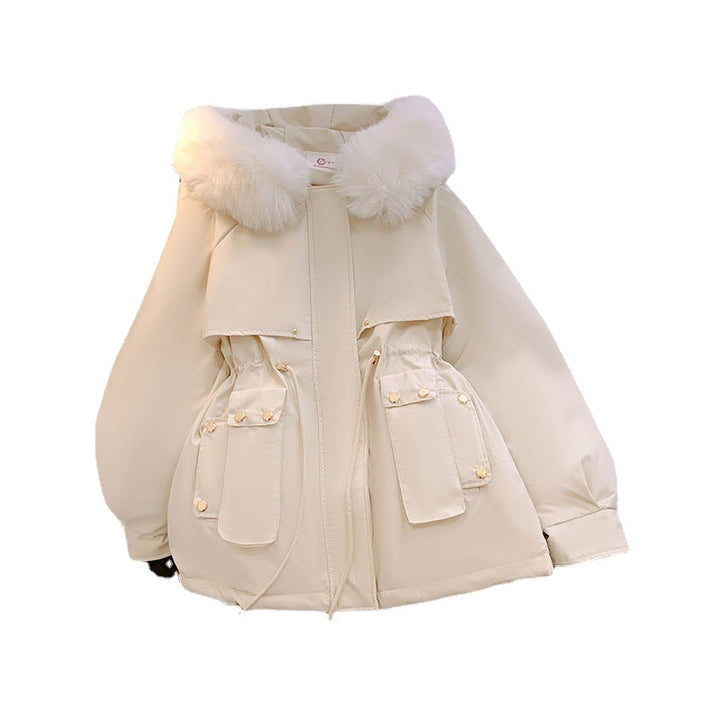 Dam mysig utility kort parka med extra voluminous fuskpälskrage, cargo outer fickor och figursydd drawstring