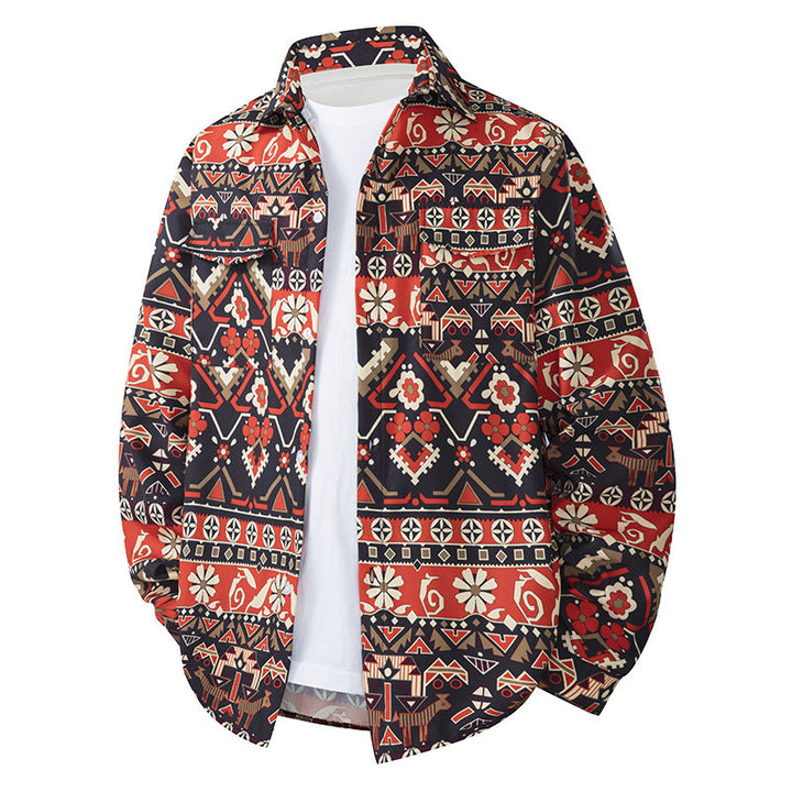 Herr Bedrucktes Overshirt i Ethno Azteken‑look med Brusttaschen och Avslappnad Passform