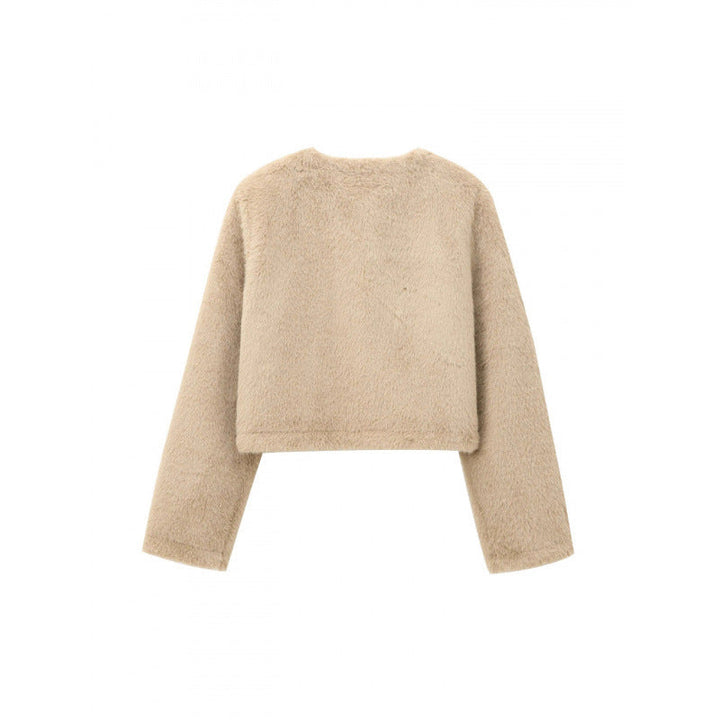 Dam kort teddy jacka med Straight fåll, Round Neck och Horn knapp stängning