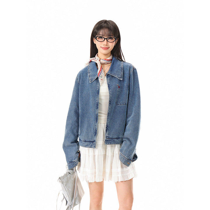 Dam Kort Oversized Denim Jacka med Hel Dragkedja och Bröstficka