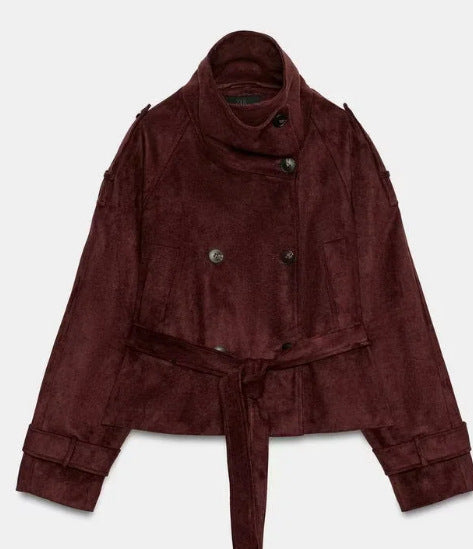 Dam Kort Jacka Tillverkad av Suede Imitation med Hög Stå Krage och Tie Belt