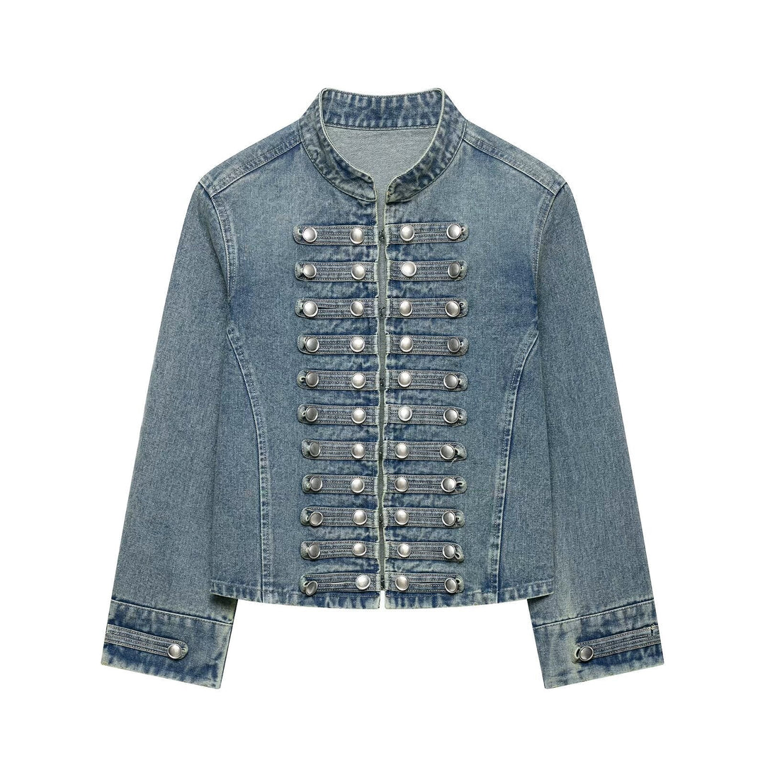 Dam Tailored Denim Blazer Jacka i Military Inspired Marshal Stil med Dekorativ Knapp Knäppning