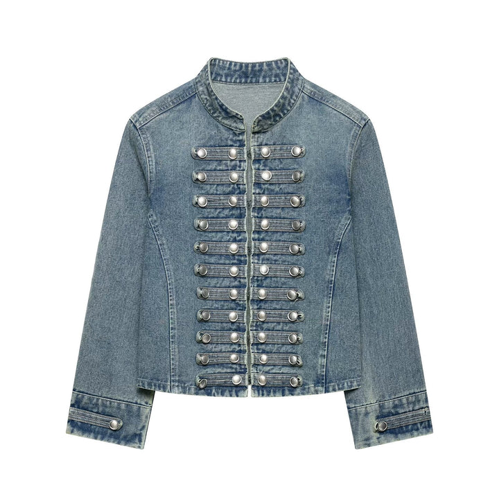 Dam Tailored Denim Blazer Jacka i Military Inspired Marshal Stil med Dekorativ Knapp Knäppning