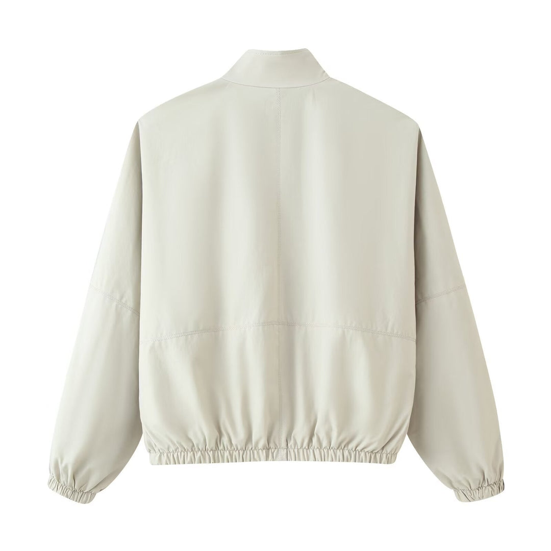 Dam Kort Windbreaker Tillverkad av Technical Material med Hög Stå Krage och Contrast Piping