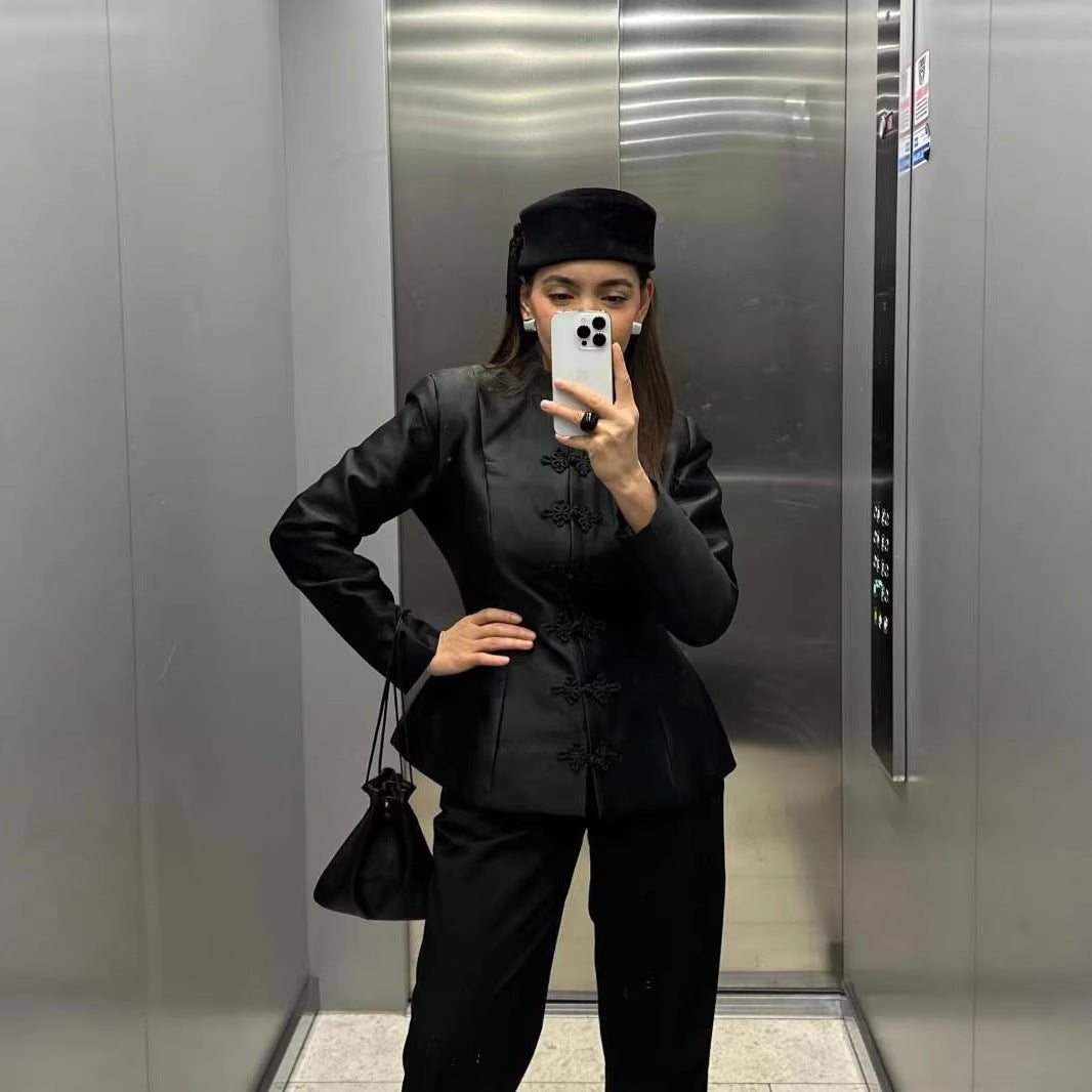 Dam 100+ Elegant Tailored Blouse Jacka med Mandarin Krage och Dekorativ Knot Closures