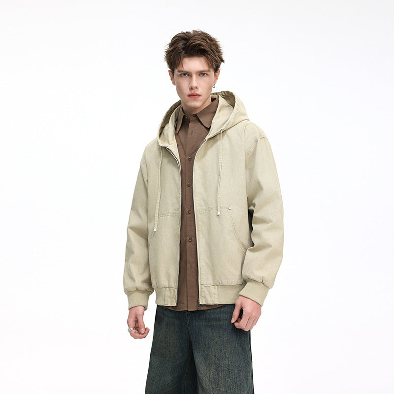 Herr Oversized Luvtröja Jacka Gjord av Washed Canvas med Dragkedja och Utility Fickor