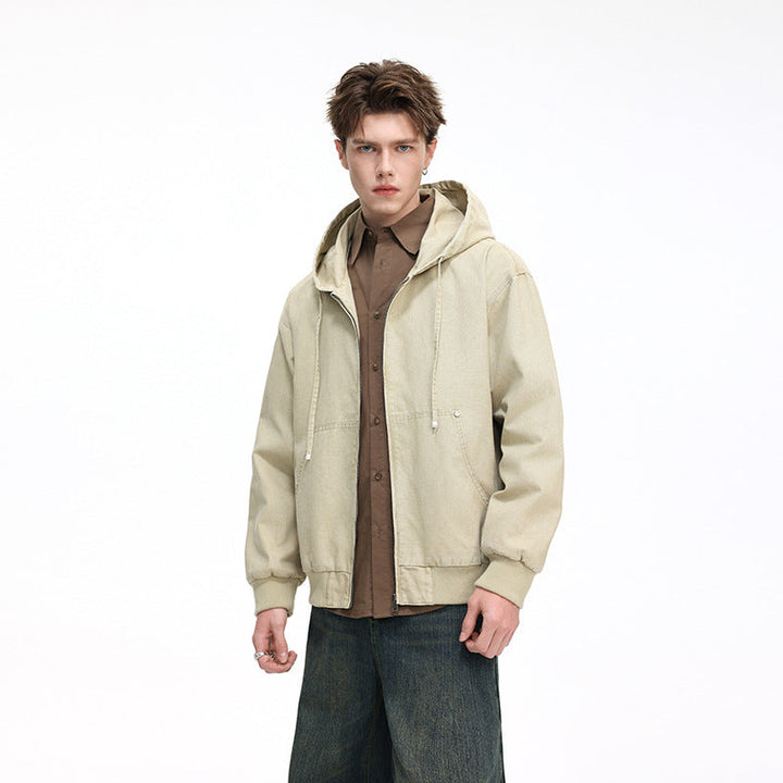 Herr Oversized Luvtröja Jacka Gjord av Washed Canvas med Dragkedja och Utility Fickor