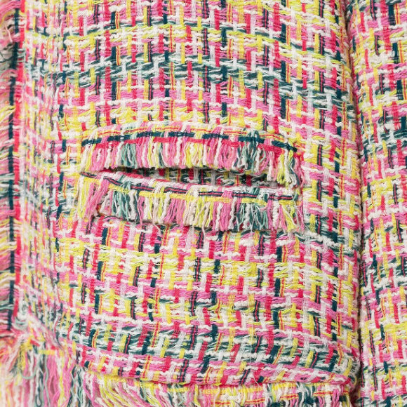 Dam Kort Bouclé-Tweed Blazer i Chanel Stil med Fringe Trims